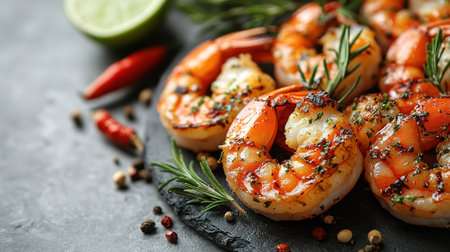 Grilled shrimps or prawns served with lime, garlic and white sauce on a dark concrete background. Seafood. Top view with copy space. Flat layの素材