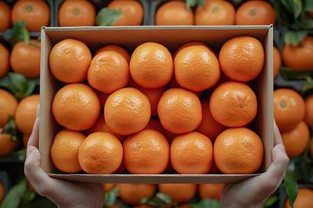 farmer holding a box of oranges in his hands.の素材