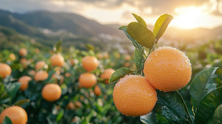 Ripe tangerines or oranges on a branch in the garden ready to harvest after the rain.の素材