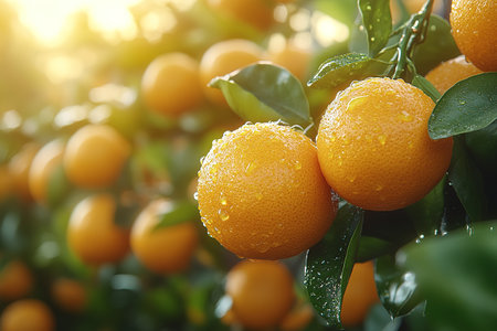 Ripe tangerines or oranges on a branch in the garden ready to harvest after the rain.の素材