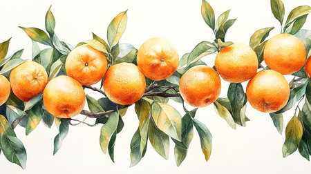 Ripe tangerines or oranges on a branch in the garden ready to harvest after the rain.の素材