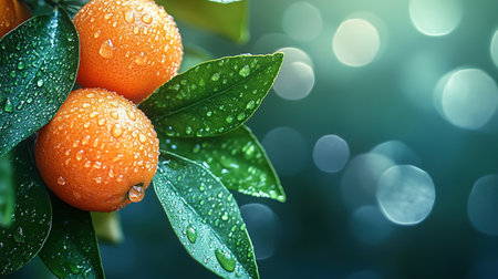 Ripe tangerines or oranges on a branch in the garden ready to harvest after the rain.の素材