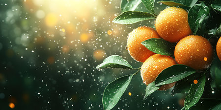Ripe tangerines or oranges on a branch in the garden ready to harvest after the rain.の素材