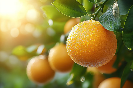 Ripe tangerines or oranges on a branch in the garden ready to harvest after the rain.の素材