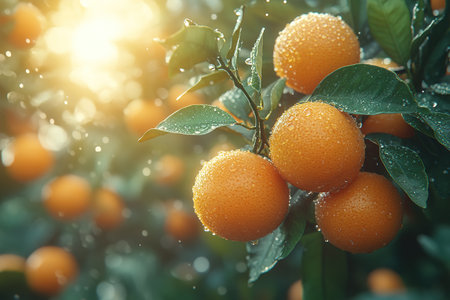 Ripe tangerines or oranges on a branch in the garden ready to harvest after the rain.の素材