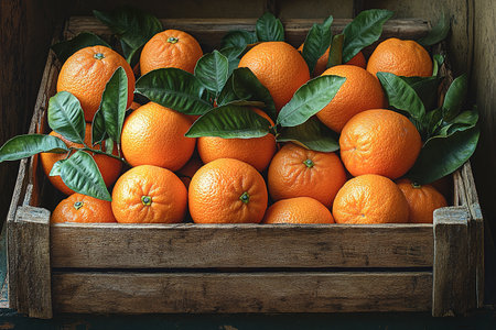 Ripe tasty tangerines with leaves in wooden box on table on green background, orange box on wooden table, Fresh with water droplets in wooden Clipping path.の素材