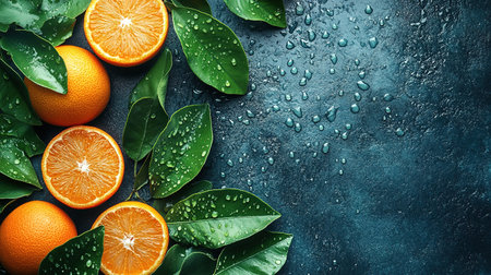 Many orange tangerines with green leaves on dark background. Top view and copy space.の素材