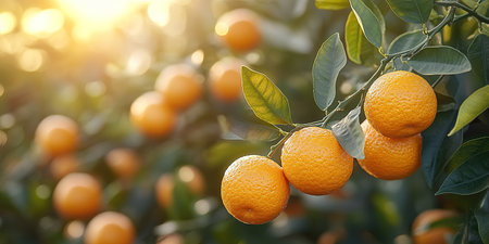 Ripe tangerines or oranges on a branch in the garden ready to harvest after the rain.の素材