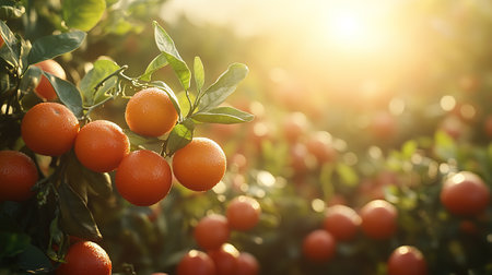 Ripe tangerines or oranges on a branch in the garden ready to harvest after the rain.の素材