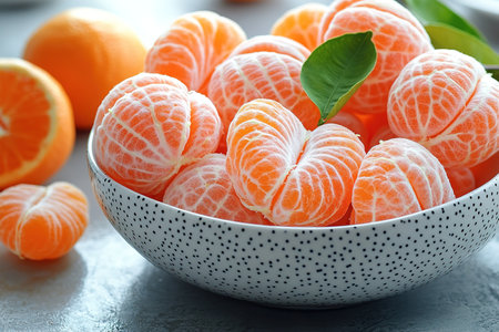 fresh tangerines with green leaves on a tray on a wooden background.の素材