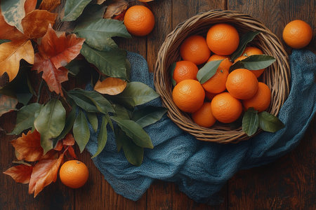 Mandarin oranges, clementines or tangerines with leaves on a dark wooden background, copy space.の素材