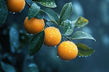 Ripe tangerines or oranges on a branch in the garden ready to harvest after the rain.の素材