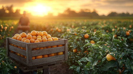 Ripe tasty tangerines with leaves in wooden box on table on green background, orange box on wooden table, Fresh with water droplets in wooden Clipping path.の素材