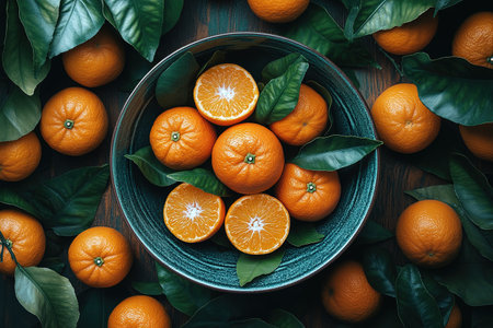 fresh tangerines with green leaves on a tray on a wooden background.の素材