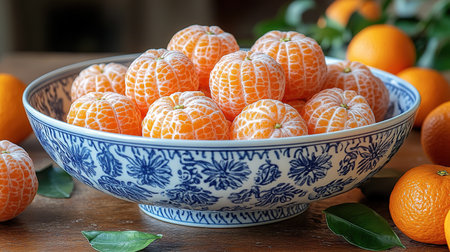 fresh tangerines with green leaves on a tray on a wooden background.の素材