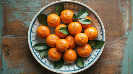 fresh tangerines with green leaves on a tray on a wooden background.の素材