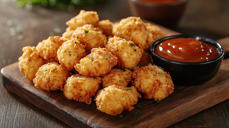 Breaded chicken strips or nuggets with two kinds of sauces and fried potatoes on a wooden Board. Fast food on dark brown background. with copy space.の素材