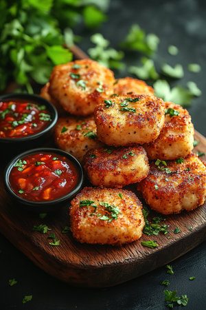 Breaded chicken strips or nuggets with two kinds of sauces and fried potatoes on a wooden Board. Fast food on dark brown background. with copy space.の素材