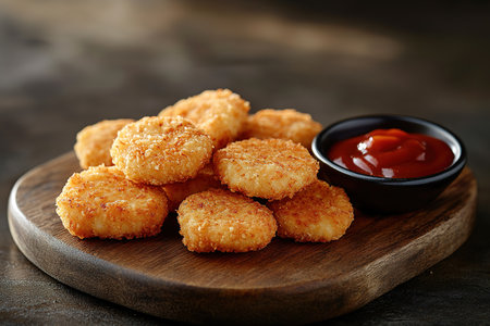 Breaded chicken strips or nuggets with two kinds of sauces and fried potatoes on a wooden Board. Fast food on dark brown background. with copy space.の素材