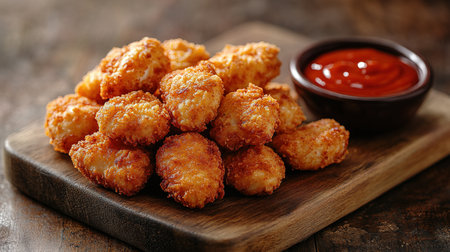 Breaded chicken strips or nuggets with two kinds of sauces and fried potatoes on a wooden Board. Fast food on dark brown background. with copy space.の素材