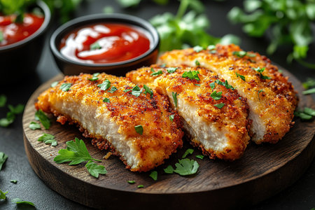 Breaded chicken strips or nuggets with two kinds of sauces and fried potatoes on a wooden Board. Fast food on dark brown background. with copy space.の素材