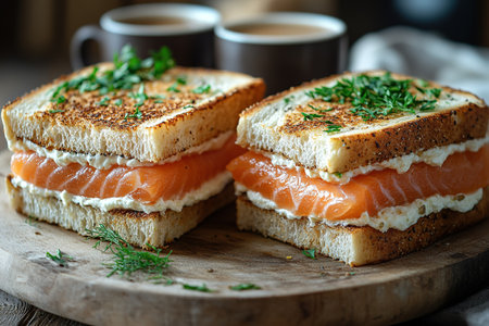 Fresh healthy salmon sandwich with lettuce and cucumber with paper cup of coffee on white stone background. Breakfast snack.の素材