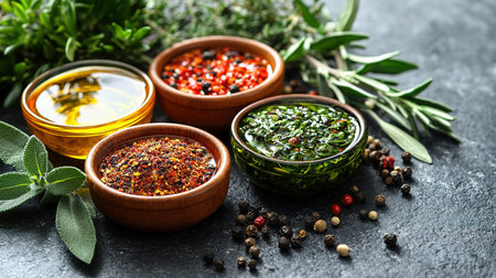 Different colors of olives in white bowl, olive oil mixed with spices in a round shaped porcelain plate. Aerial view. Copy space available.の素材