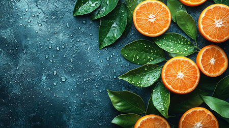 Many orange tangerines with green leaves on dark background. Top view and copy space.の素材