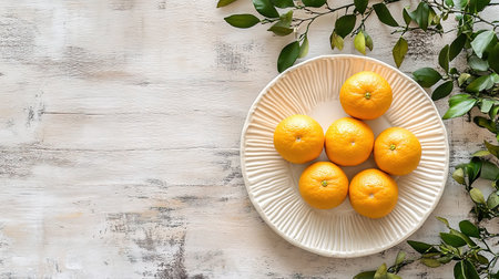 fresh tangerines with green leaves on a tray on a wooden background.の素材