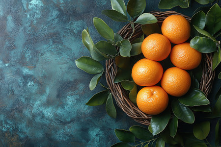 Mandarin oranges, clementines or tangerines with leaves on a dark wooden background, copy space.の素材