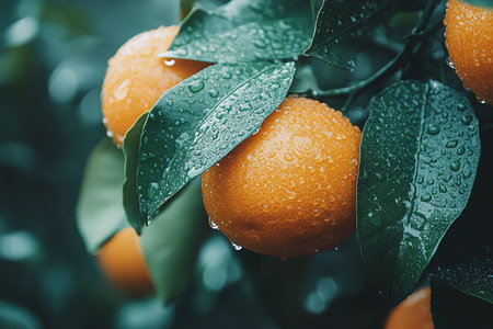 Ripe tangerines or oranges on a branch in the garden ready to harvest after the rain.の素材