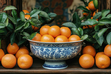 fresh tangerines with green leaves on a tray on a wooden background.の素材