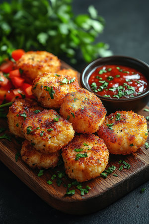 Breaded chicken strips or nuggets with two kinds of sauces and fried potatoes on a wooden Board. Fast food on dark brown background. with copy space.の素材