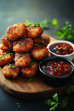 Breaded chicken strips or nuggets with two kinds of sauces and fried potatoes on a wooden Board. Fast food on dark brown background. with copy space.の素材