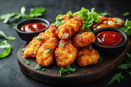 Breaded chicken strips or nuggets with two kinds of sauces and fried potatoes on a wooden Board. Fast food on dark brown background. with copy space.の素材