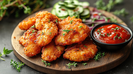 Breaded chicken strips or nuggets with two kinds of sauces and fried potatoes on a wooden Board. Fast food on dark brown background. with copy space.の素材