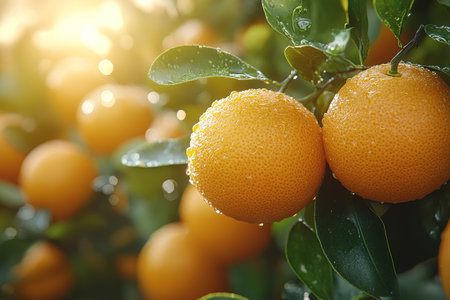 Ripe tangerines or oranges on a branch in the garden ready to harvest after the rain.の素材
