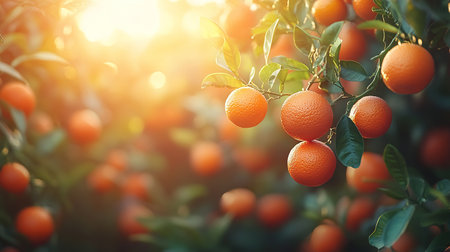 Ripe tangerines or oranges on a branch in the garden ready to harvest after the rain.の素材