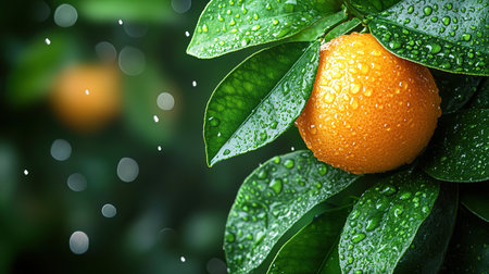 Ripe tangerines or oranges on a branch in the garden ready to harvest after the rain.の素材