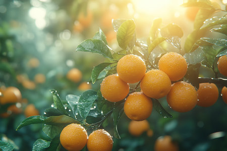 Ripe tangerines or oranges on a branch in the garden ready to harvest after the rain.の素材