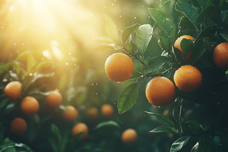 Ripe tangerines or oranges on a branch in the garden ready to harvest after the rain.の素材