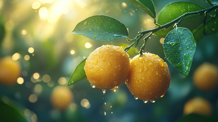 Ripe tangerines or oranges on a branch in the garden ready to harvest after the rain.の素材