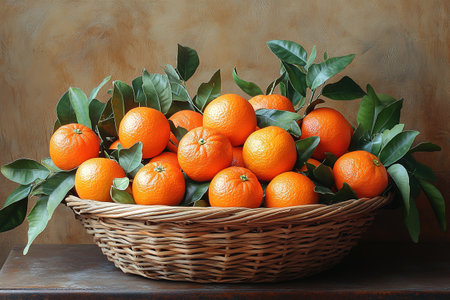 Mandarin oranges, clementines or tangerines with leaves on a dark wooden background, copy space.の素材