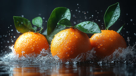 Many orange tangerines with green leaves on dark background. Top view and copy space.の素材