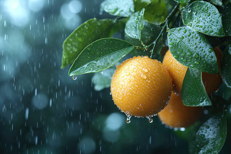 Ripe tangerines or oranges on a branch in the garden ready to harvest after the rain.の素材