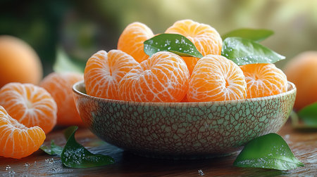 fresh tangerines with green leaves on a tray on a wooden background.の素材