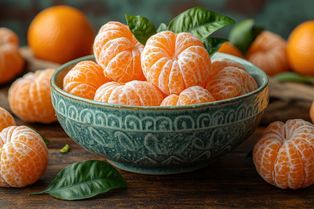 fresh tangerines with green leaves on a tray on a wooden background.の素材