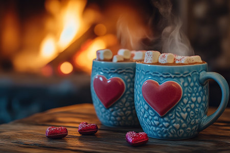 Valentine day hot chocolate or coffee latte mug with chocolate drizzle, heart shaped marshmallow and macaron cookie. Sweet treats drink recipe idea, sweet dessert beverage for your Valentine.の素材
