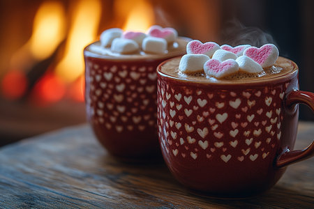 Valentine day hot chocolate or coffee latte mug with chocolate drizzle, heart shaped marshmallow and macaron cookie. Sweet treats drink recipe idea, sweet dessert beverage for your Valentine.の素材