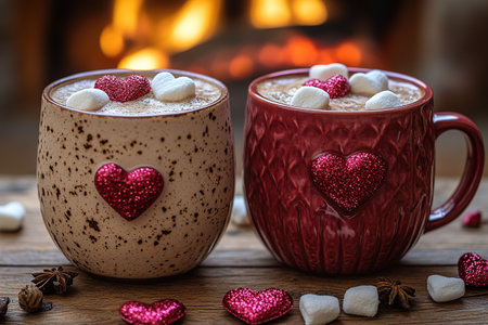 Valentine day hot chocolate or coffee latte mug with chocolate drizzle, heart shaped marshmallow and macaron cookie. Sweet treats drink recipe idea, sweet dessert beverage for your Valentine.の素材